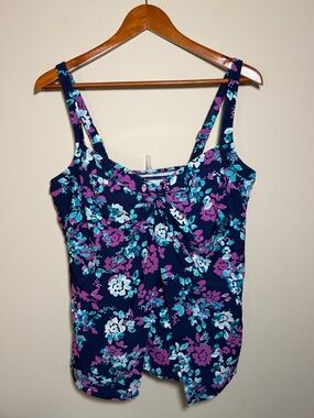 Lands' End Navy Floral One-Piece with Teal & Purple Blooms